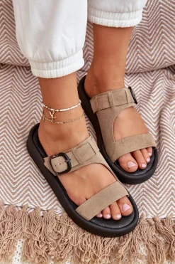 Zamszowe Klapki Damskie Na Platformie Zazoo 3024 Beżowe