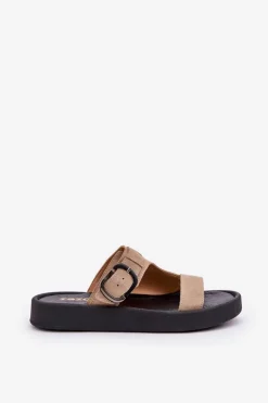 Zamszowe Klapki Damskie Na Platformie Zazoo 3024 Beżowe