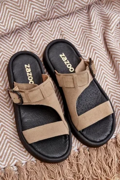 Zamszowe Klapki Damskie Na Platformie Zazoo 3024 Beżowe