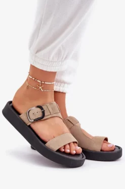 Zamszowe Klapki Damskie Na Platformie Zazoo 3024 Beżowe