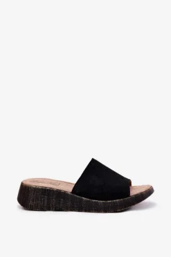 Zamszowe Klapki Damskie Na Koturnie Panto Fino RR267043 Czarne