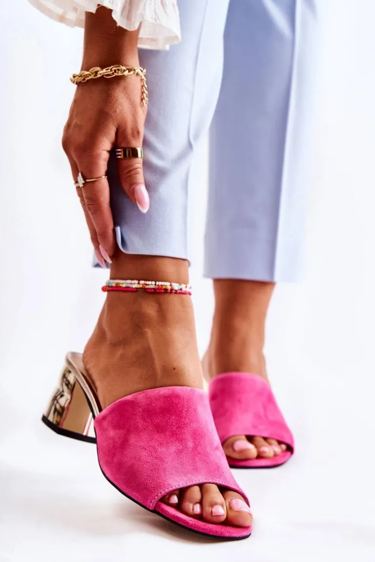 Zamszowe Klapki Damskie Na Obcasie Różowe Perry