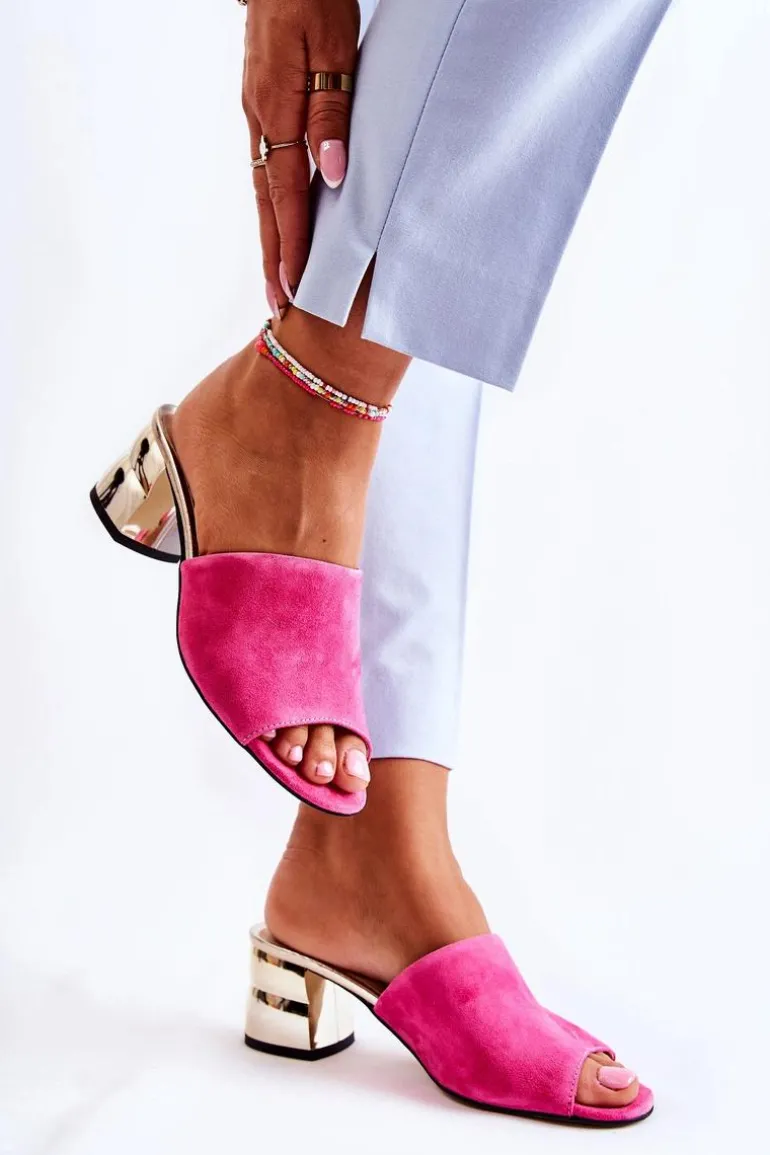 Zamszowe Klapki Damskie Na Obcasie Różowe Perry