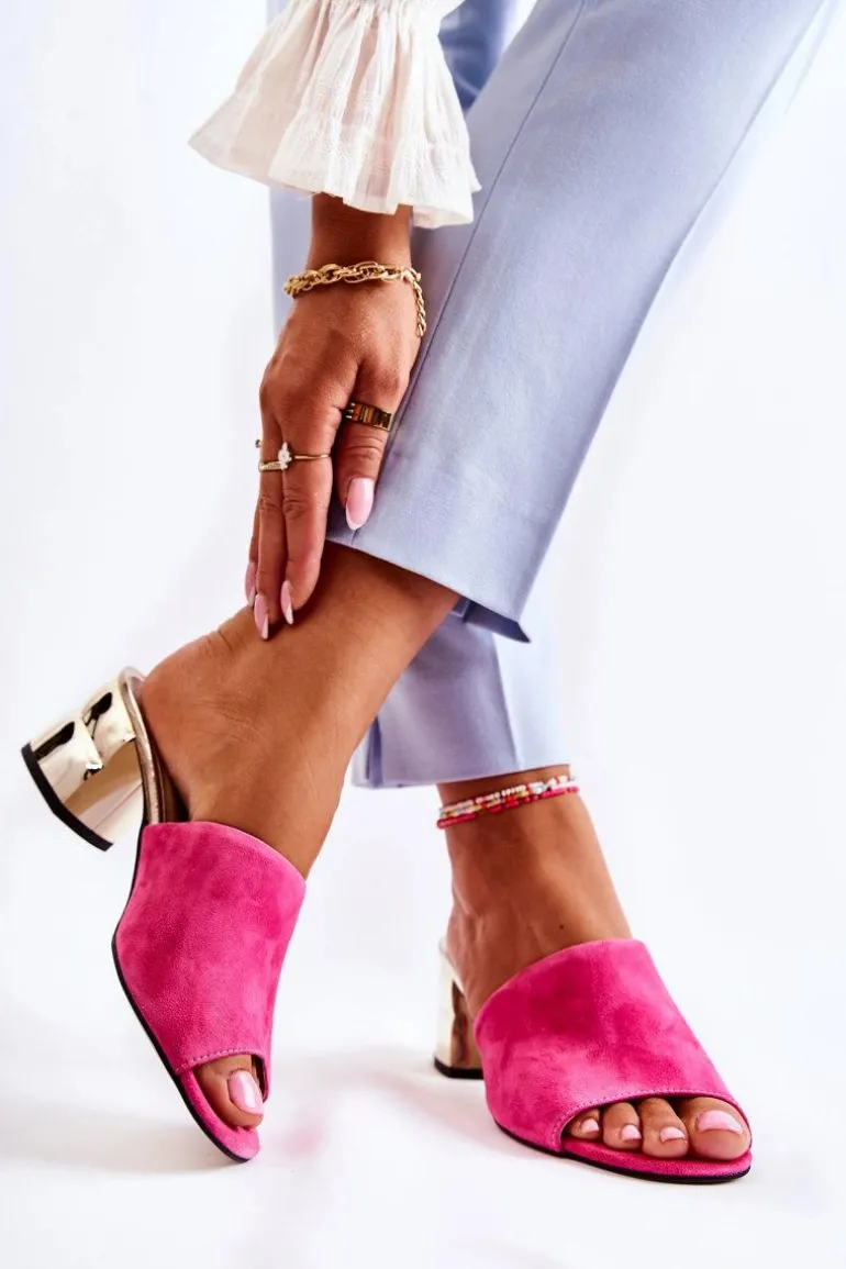 Zamszowe Klapki Damskie Na Obcasie Różowe Perry