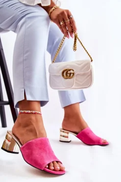 Zamszowe Klapki Damskie Na Obcasie Różowe Perry