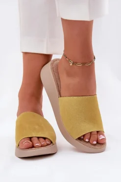 Zamszowe Klapki Damskie Na Koturnie Panto Fino RR267038 Żółte