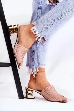 Zamszowe Klapki Damskie Na Obcasie Jasnoróżowe Perry