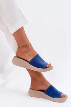 Zamszowe Klapki Damskie Na Koturnie Panto Fino RR267041 Niebieskie