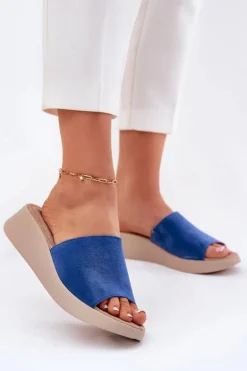 Zamszowe Klapki Damskie Na Koturnie Panto Fino RR267041 Niebieskie