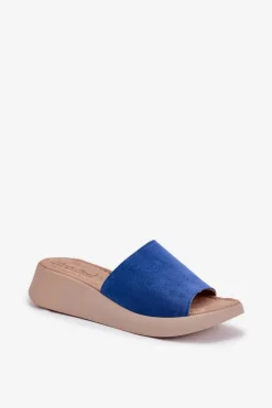 Zamszowe Klapki Damskie Na Koturnie Panto Fino RR267041 Niebieskie