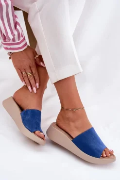 Zamszowe Klapki Damskie Na Koturnie Panto Fino RR267041 Niebieskie