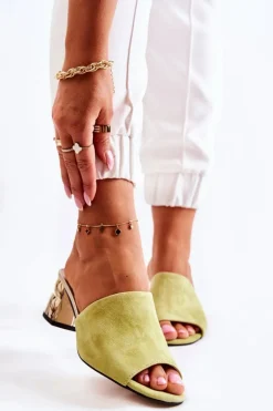 Zamszowe Klapki Damskie Na Obcasie Zielone Perry