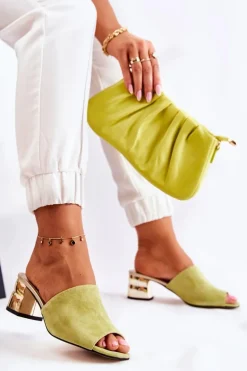 Zamszowe Klapki Damskie Na Obcasie Zielone Perry