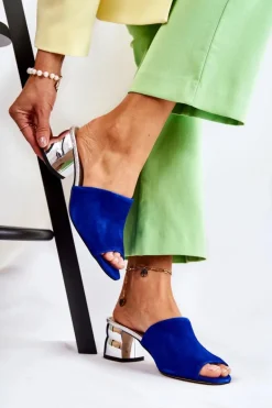 Zamszowe Klapki Damskie Na Obcasie Granatowe Perry