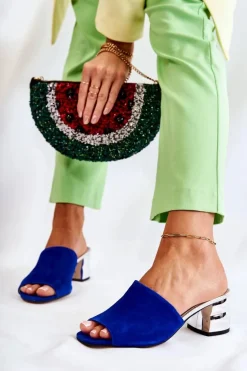 Zamszowe Klapki Damskie Na Obcasie Granatowe Perry