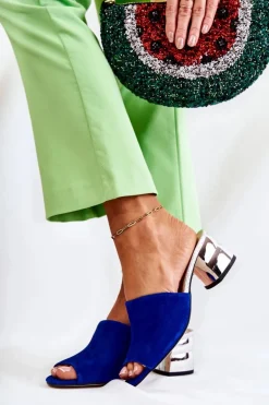 Zamszowe Klapki Damskie Na Obcasie Granatowe Perry