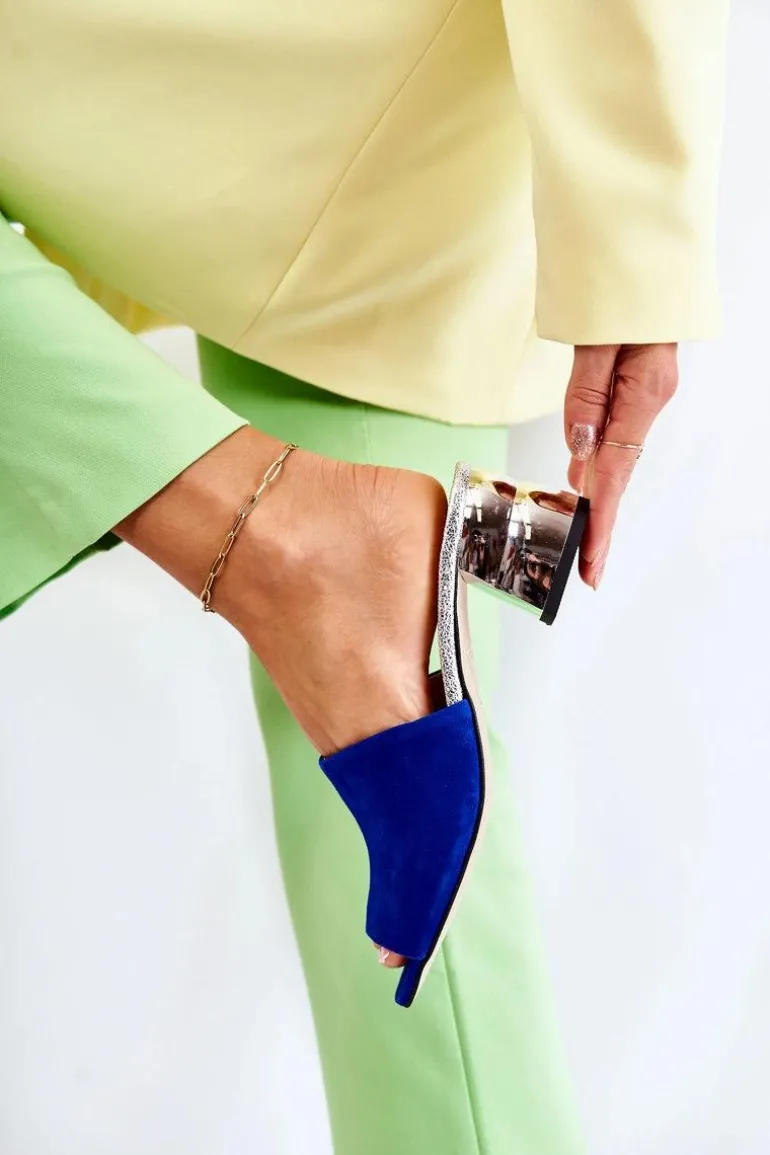 Zamszowe Klapki Damskie Na Obcasie Granatowe Perry