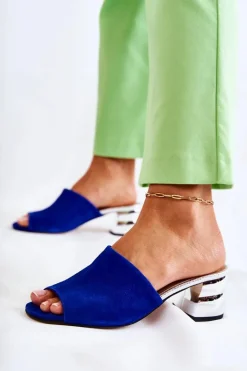 Zamszowe Klapki Damskie Na Obcasie Granatowe Perry