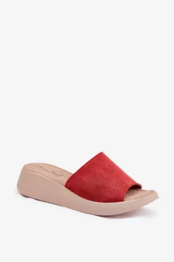 Zamszowe Klapki Damskie Na Koturnie Panto Fino RR267040 Czerwone