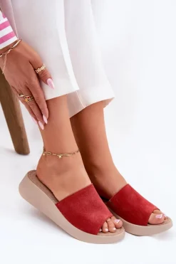 Zamszowe Klapki Damskie Na Koturnie Panto Fino RR267040 Czerwone