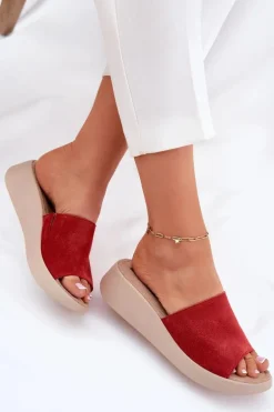 Zamszowe Klapki Damskie Na Koturnie Panto Fino RR267040 Czerwone