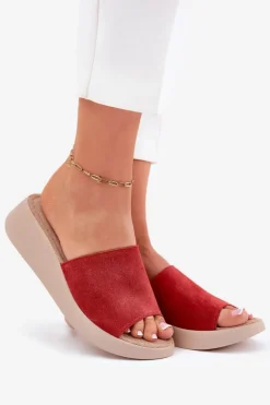 Zamszowe Klapki Damskie Na Koturnie Panto Fino RR267040 Czerwone