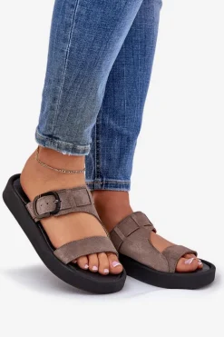 Zamszowe Klapki Damskie Na Platformie Zazoo 3024 Brązowe