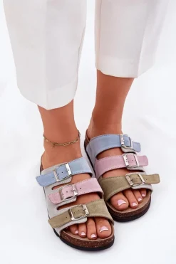 Zamszowe Klapki Damskie Z Klamrami Panto Fino RR267034 Niebieskie