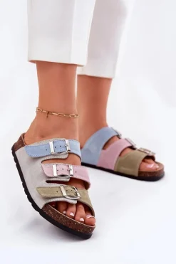 Zamszowe Klapki Damskie Z Klamrami Panto Fino RR267034 Niebieskie