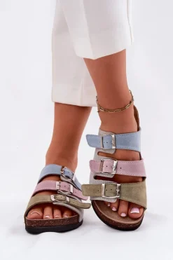 Zamszowe Klapki Damskie Z Klamrami Panto Fino RR267034 Niebieskie