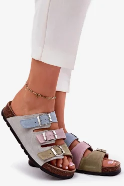 Zamszowe Klapki Damskie Z Klamrami Panto Fino RR267034 Niebieskie