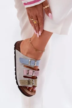 Zamszowe Klapki Damskie Z Klamrami Panto Fino RR267034 Niebieskie