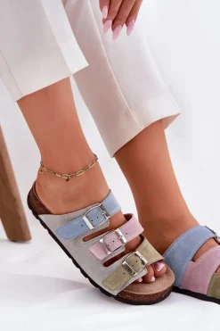 Zamszowe Klapki Damskie Z Klamrami Panto Fino RR267034 Niebieskie