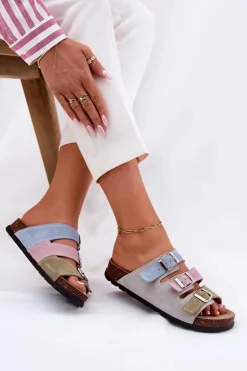 Zamszowe Klapki Damskie Z Klamrami Panto Fino RR267034 Niebieskie