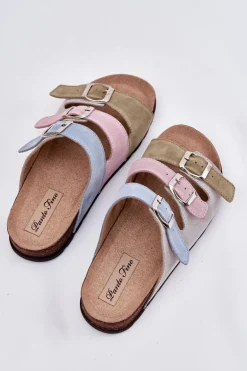 Zamszowe Klapki Damskie Z Klamrami Panto Fino RR267034 Niebieskie