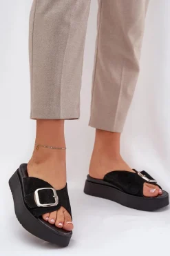 Zamszowe Klapki Damskie Z Klamrą Na Platformie Zazoo 3019 Czarne