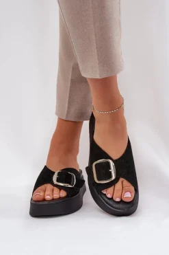 Zamszowe Klapki Damskie Z Klamrą Na Platformie Zazoo 3019 Czarne