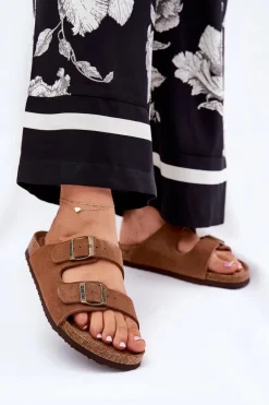 Zamszowe Klapki Damskie Z Klamrami Big Star RR274A394 Brązowe