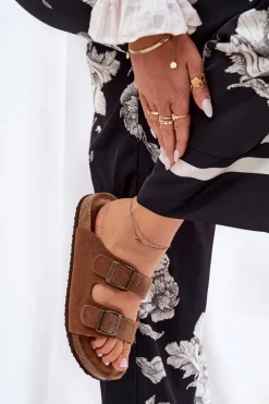 Zamszowe Klapki Damskie Z Klamrami Big Star RR274A394 Brązowe