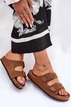 Zamszowe Klapki Damskie Z Klamrami Big Star RR274A394 Brązowe