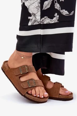 Zamszowe Klapki Damskie Z Klamrami Big Star RR274A394 Brązowe