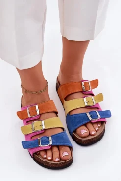 Zamszowe Klapki Damskie Z Klamrami Panto Fino RR267033 Fuksja