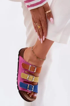 Zamszowe Klapki Damskie Z Klamrami Panto Fino RR267033 Fuksja