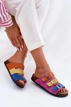 Zamszowe Klapki Damskie Z Klamrami Panto Fino RR267033 Fuksja