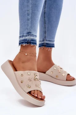 Zamszowe Klapki Damskie Z Przypinkami Vinceza 66741 Beżowe