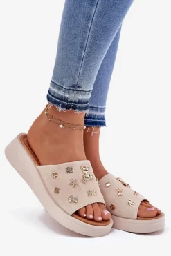 Zamszowe Klapki Damskie Z Przypinkami Vinceza 66741 Beżowe