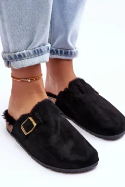 Zamszowe Klapki Damskie Z Futerkiem Czarne Haidamia