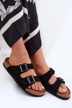 Zamszowe Klapki Damskie Z Klamrami Big Star RR274A390 Czarne