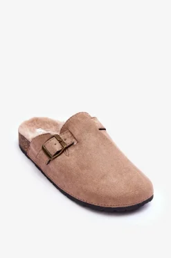 Zamszowe Klapki Damskie Z Futerkiem Beżowe Haidamia