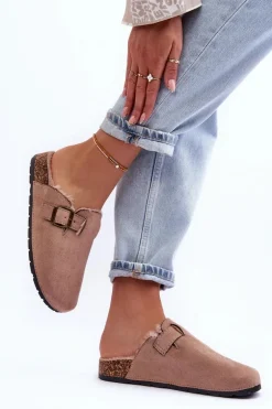 Zamszowe Klapki Damskie Z Futerkiem Beżowe Haidamia